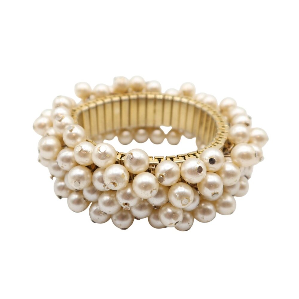 Faux Pearl Gold Tone Watch Band Stretch Cha Cha Bracelet Unsigned
